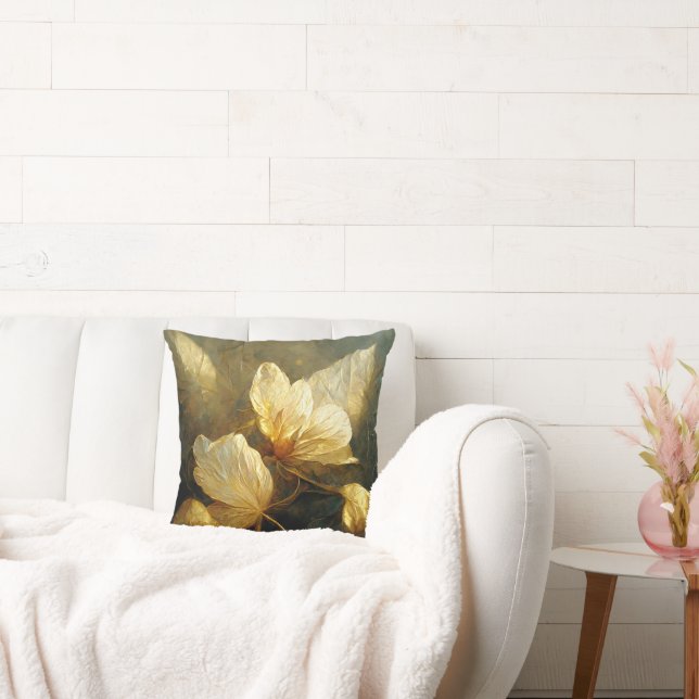 Painterly Golden Leaves in Yellow Brown Teal Tones Cushion (Couch)