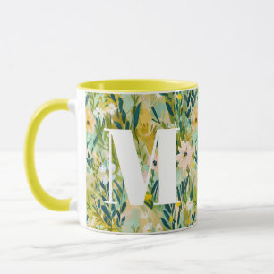 Painterly Green Flower Watercolor Pattern Monogram Mug