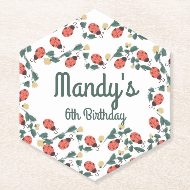 Painterly Lady Bug Birthday Garden Party Paper Coaster (Front)