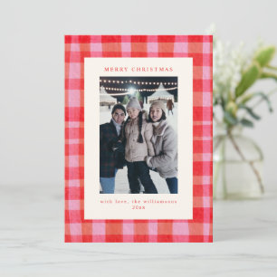 Painterly Pink Red Plaid Christmas Photo Letter Holiday Card