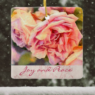Painterly Pink Roses Joy and Peace Ceramic Ornament