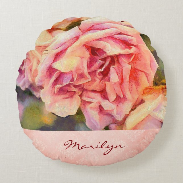 Painterly Pink Roses on Damask Monogrammed Round Cushion (Front)