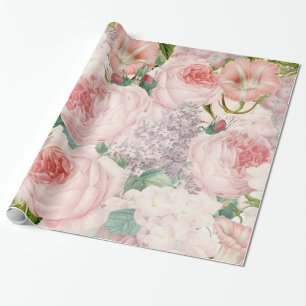Painterly Retro Roses Lilacs Flower Spring Pattern Wrapping Paper