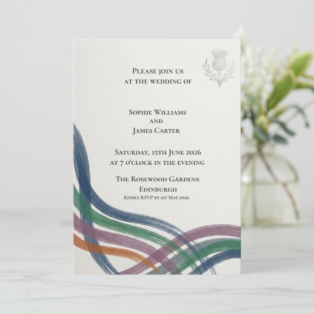 Painterly Tartan Ribbon Stripe Thistle Modern Scot Invitation (Standing Front)