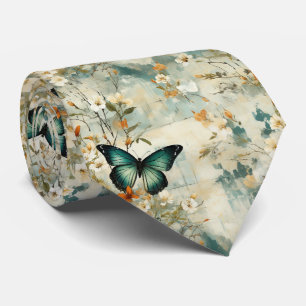 Painterly Teal Butterfly Floral Sage Terracotta Tie