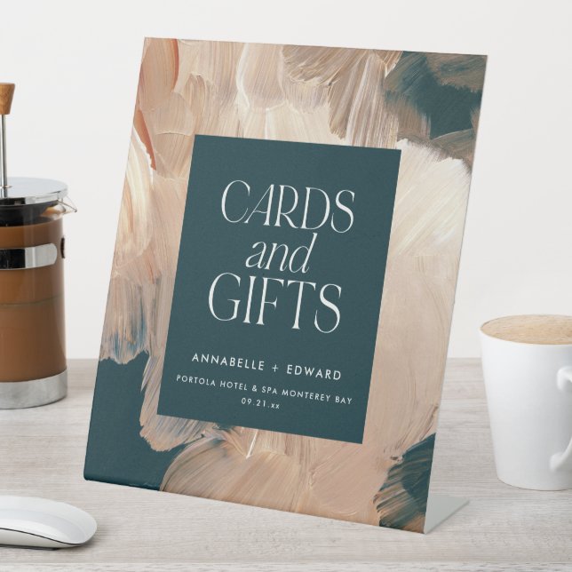 Painterly terracotta teal wedding cards and gifts  pedestal sign (In SItu)