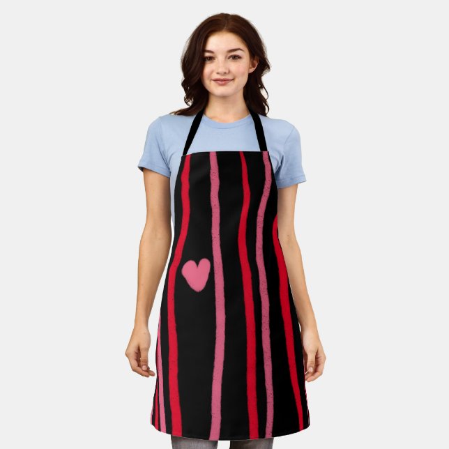 Painterly Valentines Stripes and Heart Black   Apron (Worn)