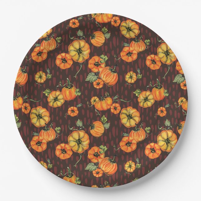 Painterly Watercolor Fall Pumpkins Orange/Black Paper Plate (Front)