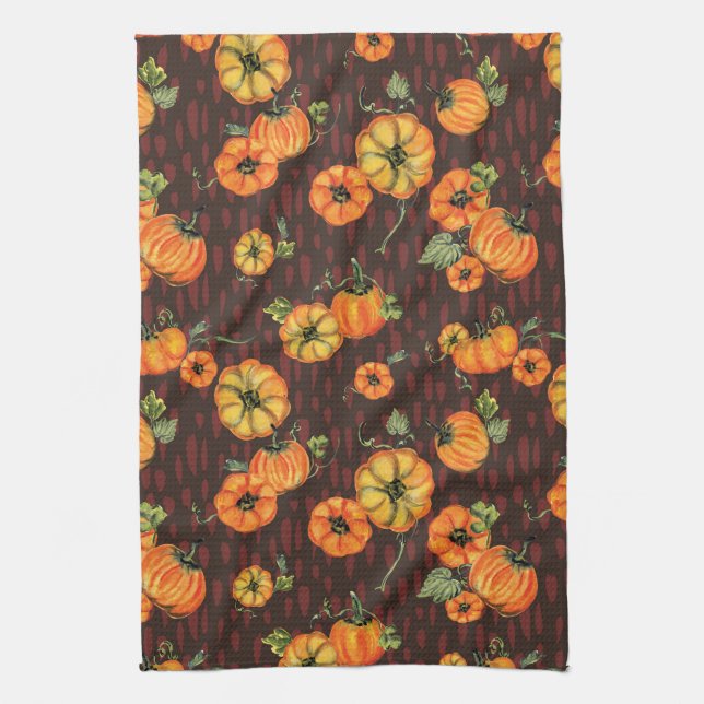 Painterly Watercolor Fall Pumpkins Orange/Black Tea Towel (Vertical)