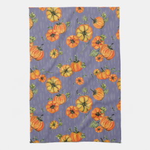 Painterly Watercolor Fall Pumpkins Orange/Purple Tea Towel