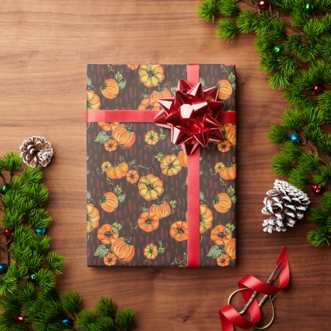 Painterly Watercolor Fall Pumpkins Orange/Red Wrapping Paper (Holiday Gift)