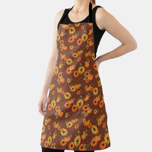 Painterly Watercolor Fall Pumpkins Orange/Rust Apron (Insitu)