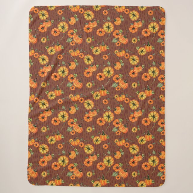 Painterly Watercolor Fall Pumpkins Orange/Rust Sherpa Blanket (Front)