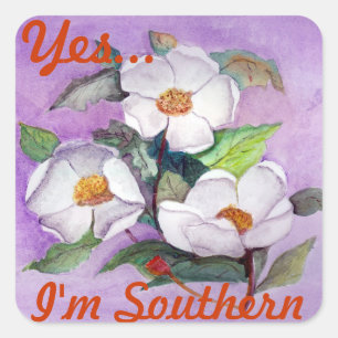 Painterly White Southern Magnolias on Lavender Square Sticker