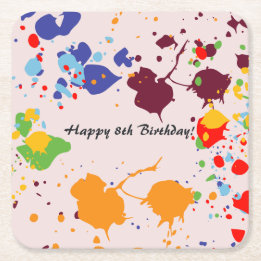 Painting 8th Birthday Party Colourful Splashes Square Paper Coaster