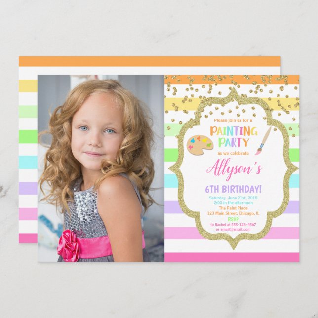 Painting art birthday party pastel photo invitation (Front/Back)