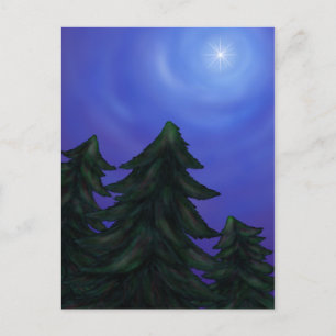 painting art christmas star shining fir forest holiday postcard