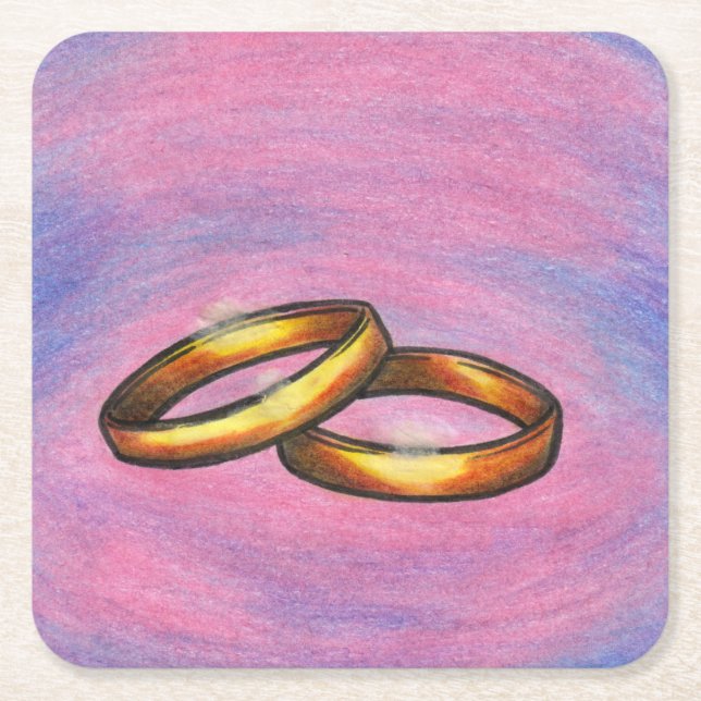 Painting art golden pair wedding rings I love you Square Paper Coaster (Front)