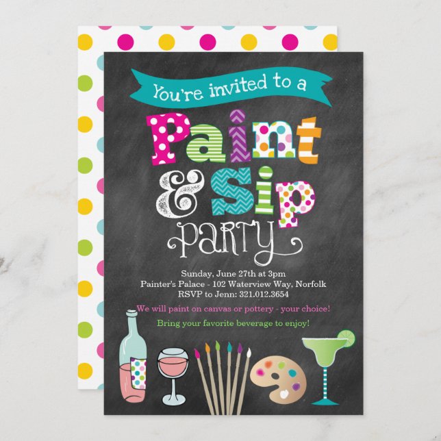 Painting Art Party Chalkboard Style Invitation (Front/Back)