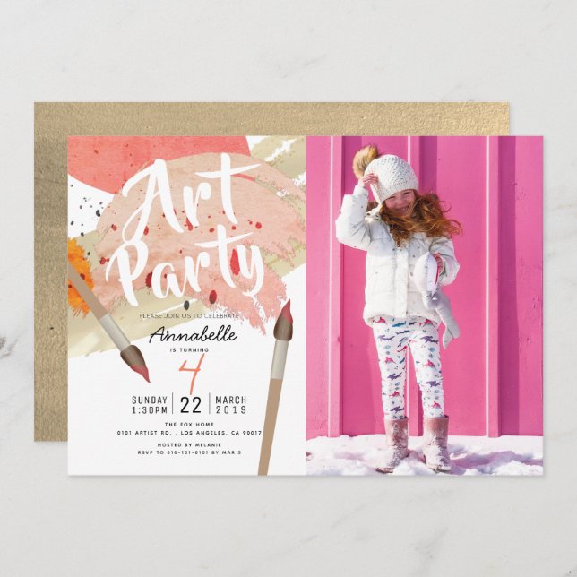 Painting Art Party Modern Chic Girl Photo Birthday Invitation (Front/Back)