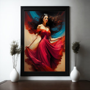 Painting Beautiful Woman Stunning Red Dress  Poster