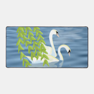 Painting Blue and Green pair of Swans on the lake Desk Mat
