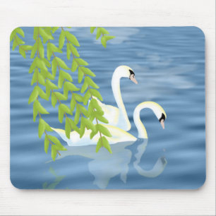 Painting Blue and Green pair of Swans on the lake Mouse Pad