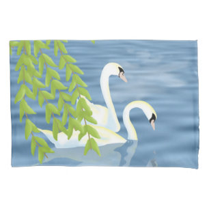 Painting Blue and Green pair of Swans on the lake Pillowcase