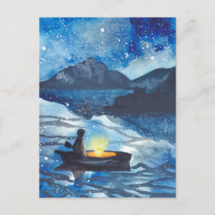 painting blue starry night sky people on boat postcard