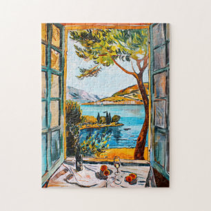 Painting breakfast on window view Mediterran sea Jigsaw Puzzle
