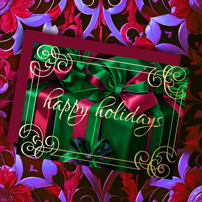 Painting Christmas Gifts Emerald Green Burgundy Foil Holiday Card (Creator Uploaded)