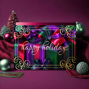 Painting Christmas Gifts Purple Green Burgundy Holiday Card