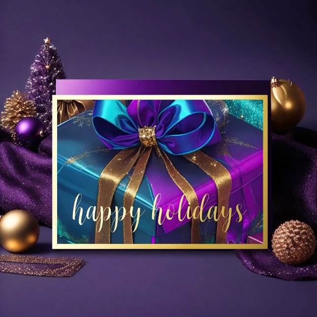Painting Christmas Gifts Purple Teal Blue Gold Holiday Card (Creator Uploaded)