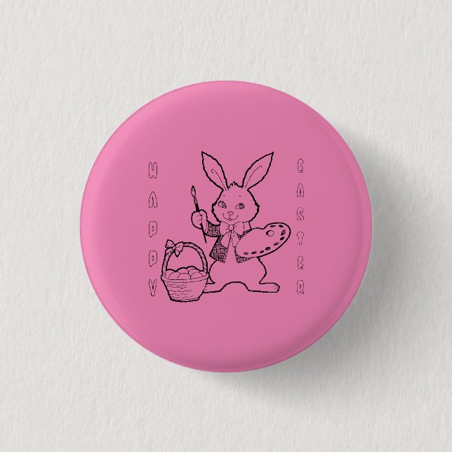 Painting Eggs Pink Happy Easter Bunny Pin Button (Front)