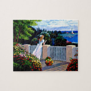 Painting Girl looking over the Mediterranean Sea J Jigsaw Puzzle