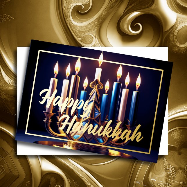 Painting Hanukkah Menorah Blue Gold Foil Holiday Card (Creator Uploaded)