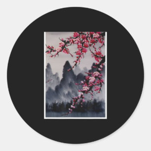 Painting   Japanese Art Cherry Blossom Mountain Classic Round Sticker