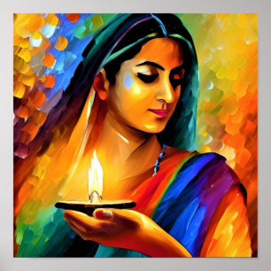 Painting of a Beautiful  Indian Women with Lamp Poster