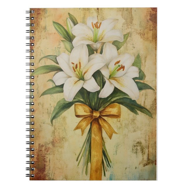 Painting of a bouquet of white lilies with a gold  notebook (Front)