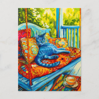 Painting of a Cat Grooming on Swing Postcard