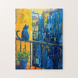 Painting of a Cat on Balcony Railing watching city Jigsaw Puzzle