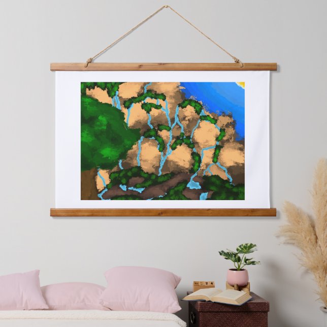 Painting of a cliff with streams running down it. hanging tapestry (Bedroom)