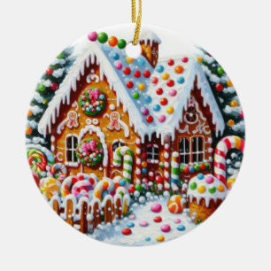 Painting of a Colourful Candy Gingerbread House Ceramic Ornament