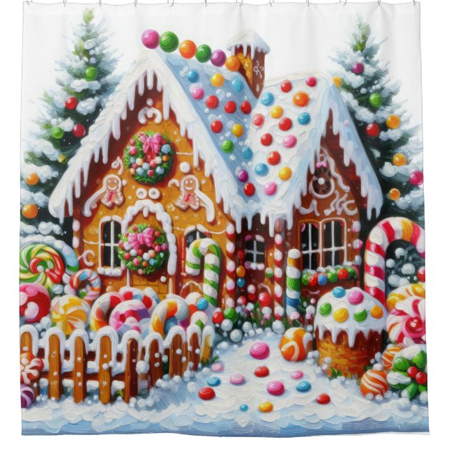 Painting of a Colourful Candy Gingerbread House Shower Curtain (Front)