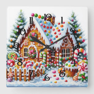 Painting of a Colourful Candy Gingerbread House Square Wall Clock