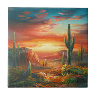 Painting Of A Colourful Desert Sunset Painting Ceramic Tile