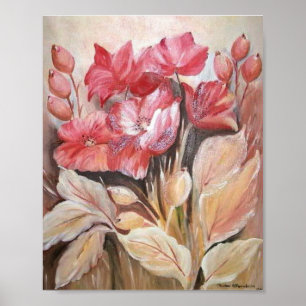 Painting of a floral in dark pink poppies poster