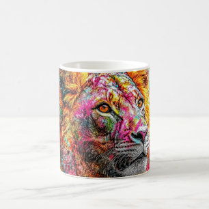 painting of a lion in vibrant and abstract colors. coffee mug