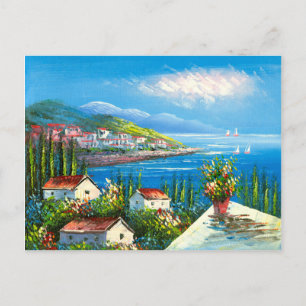 Painting Of A Mediterranean Seaside Village Postcard