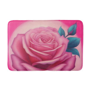 Painting of a neon pink rose bath mat